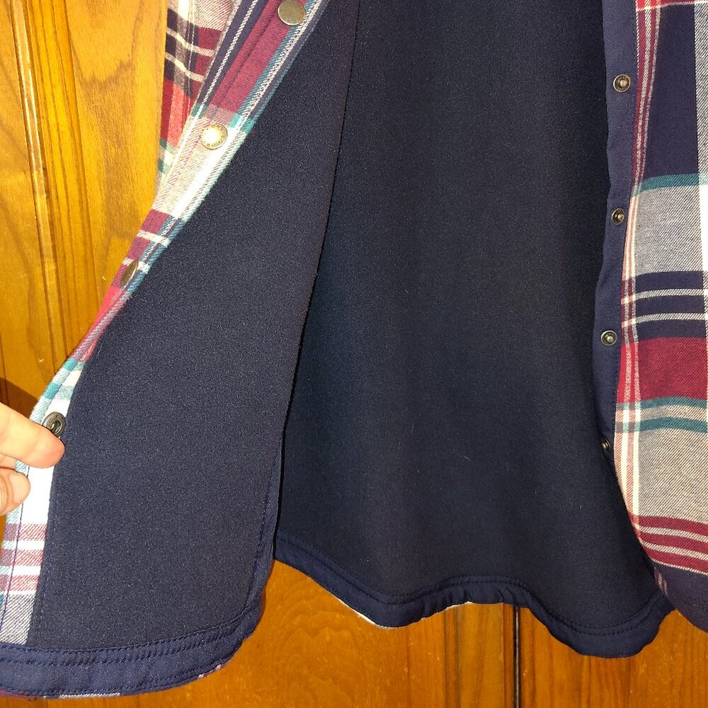 Orvis Fleece Lined Flannel Shirt Womens Medium Shacket Snap Jacket Plaid Red Blu - Picture 5 of 7